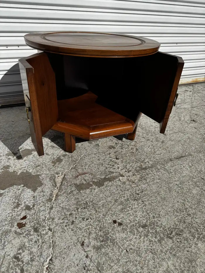 asian inspired walnut accent cabinet geometric shape