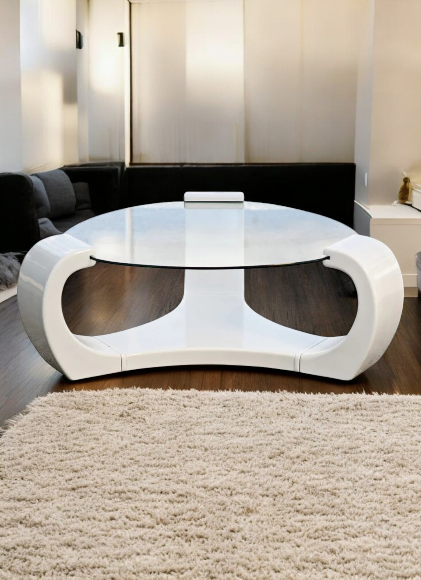 White Lacquered Triskelion Scroll Glass Top Coffee Table