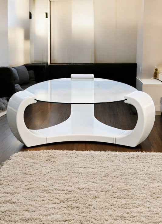 White Lacquered Triskelion Scroll Glass Top Coffee Table