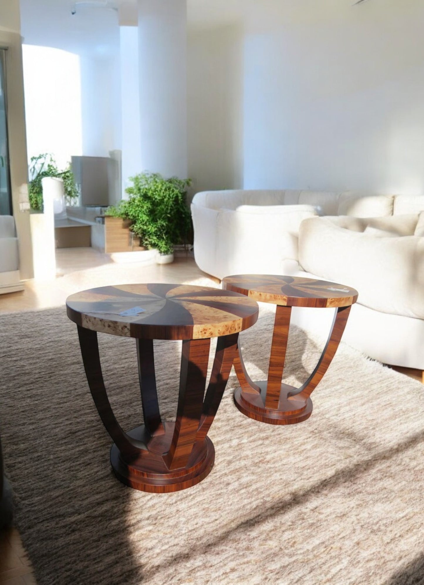 2 ft HT x 2 ft Dia. Pair of Art Deco Style Occasional Tables w/ Inlaid Burled Wood