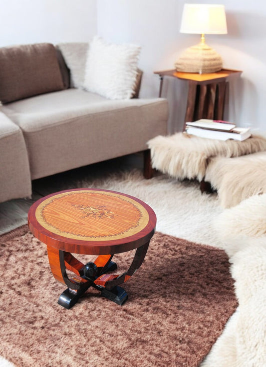 31.5″ Diameter Art Deco Style Walnut Table w/ Inlaid Design