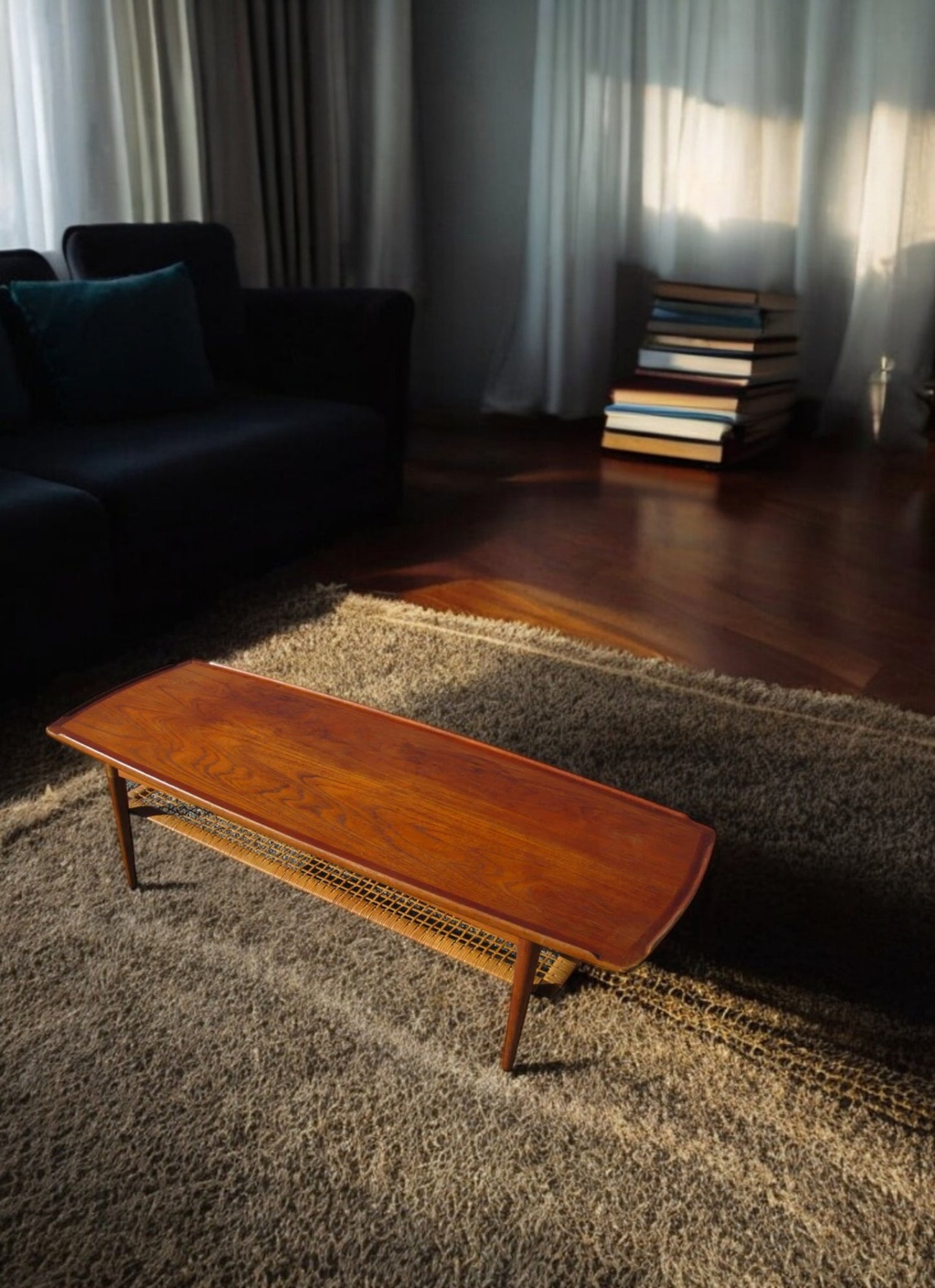 59″ Long Vintage Two-Tiered Danish Coffee Table w/ Cane Weave by Poul Jensen for Selig