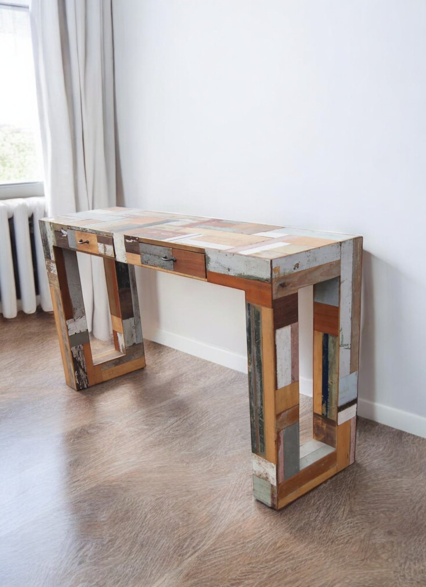 63″ Vintage Patchwork Reclaimed Wood Console Parsons Style Table