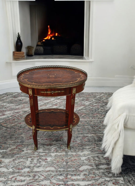 Antique French 19th Century Side Table with Gallery Edge and Marquetry Inlays