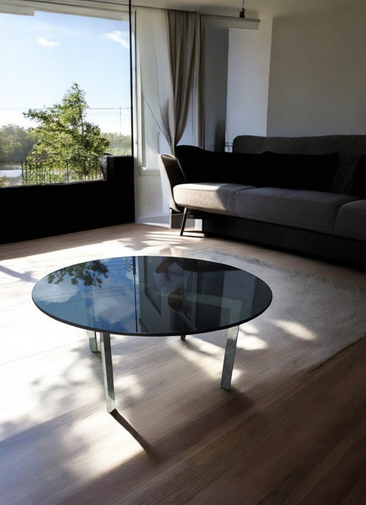 Glass and Chrome Midcentury Modern Coffee Table in the Style of Milo Baughman