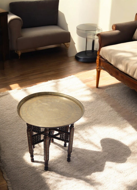 23″ Traditional Brass and Wood Morrocan Decorative Side Table