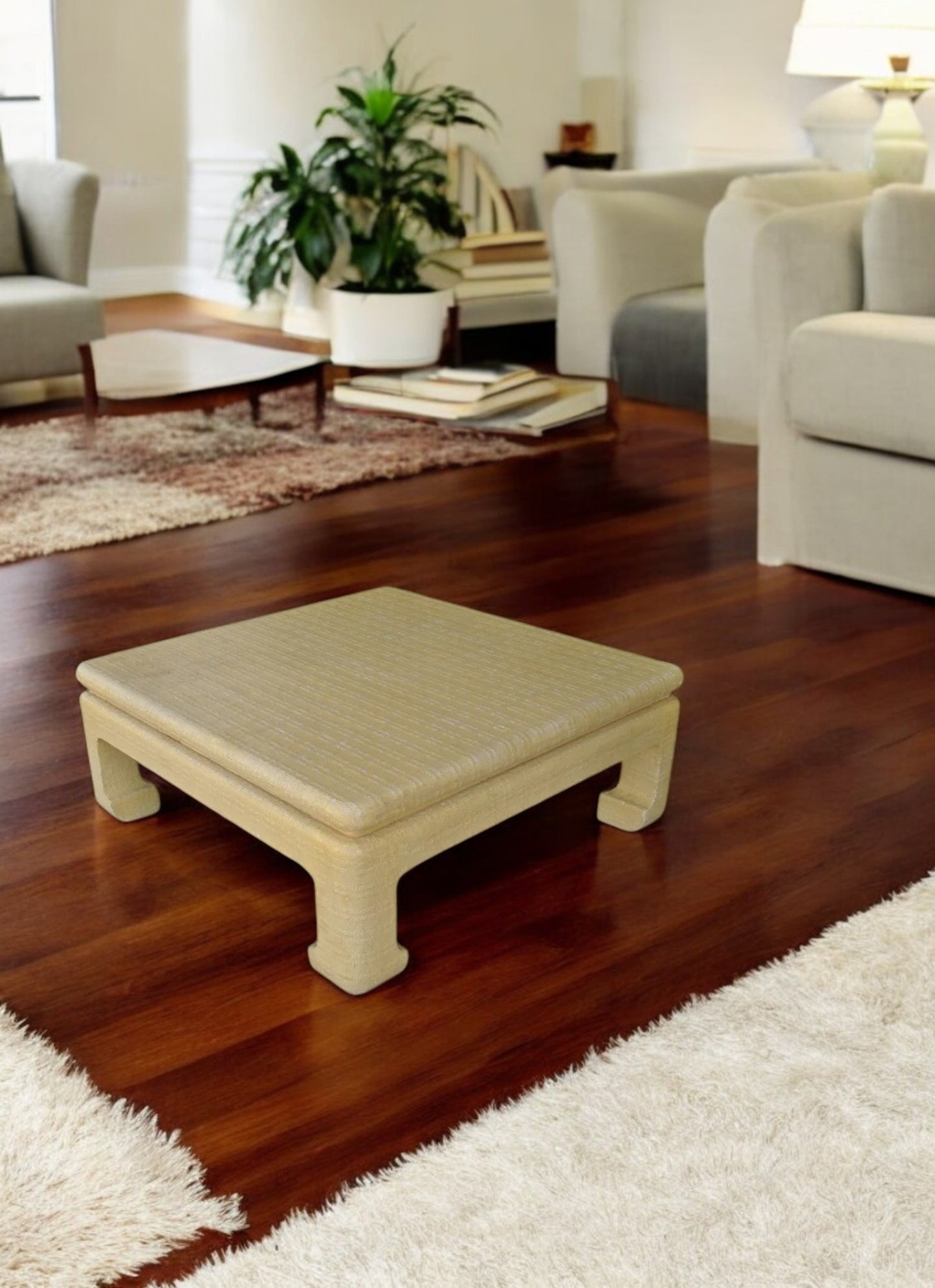 Mid Century Karl Springer 41″ square Ming Style Lacquered Grass Cloth Coffee Table