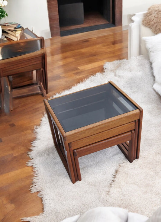Set of Three Walnut and Glass Nesting Tables