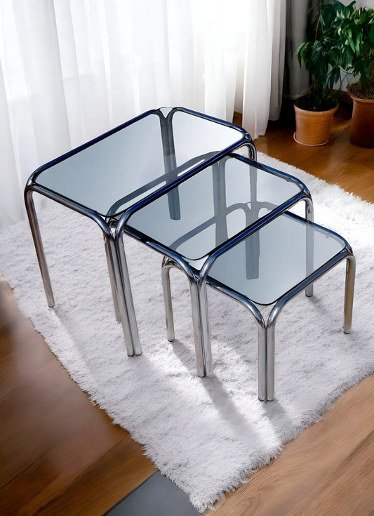 Vintage Chrome and Smoked Glass Nesting Tables