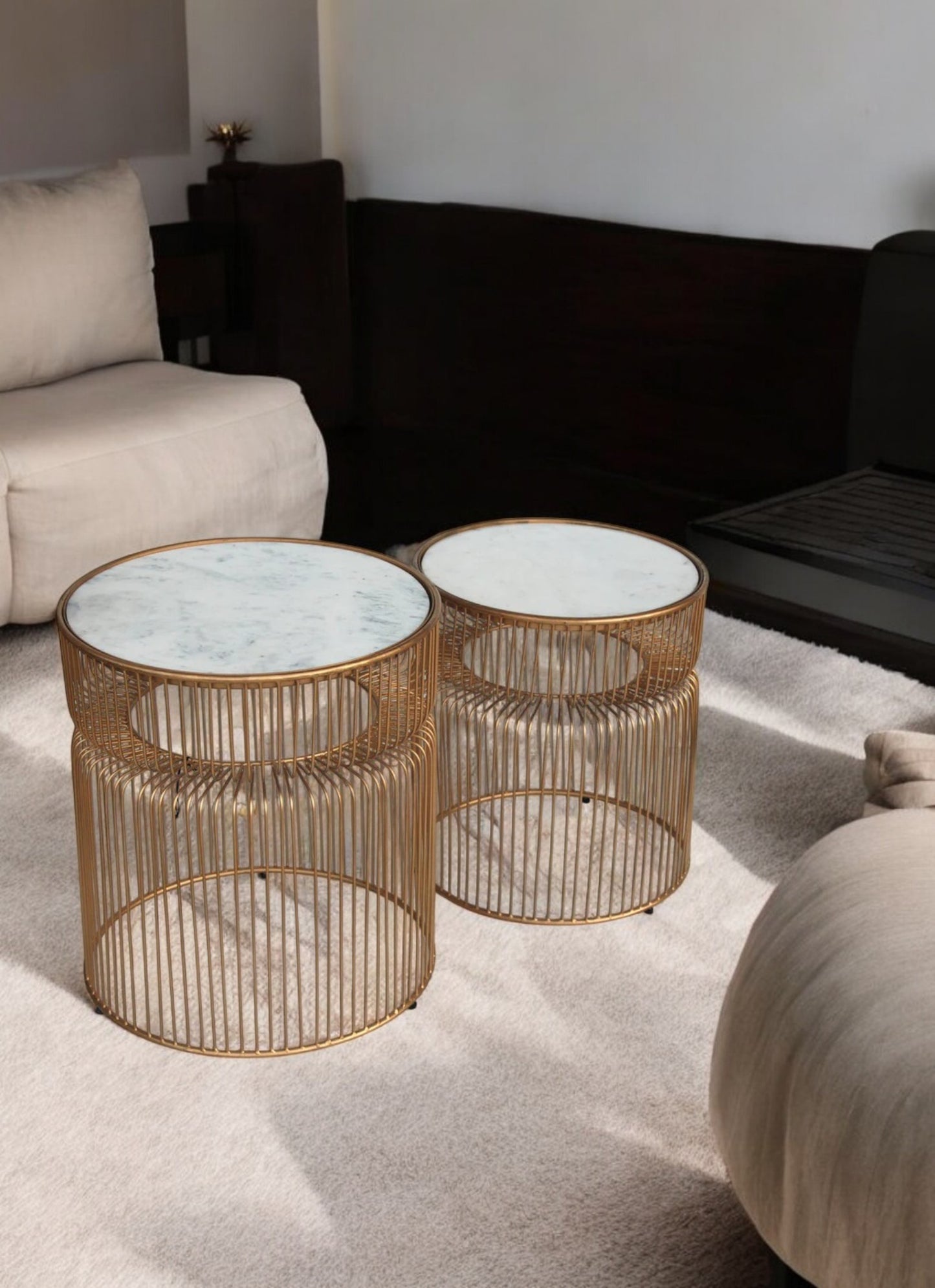 Pair of 16″ and 14″ Marble and Bronze Side Tables