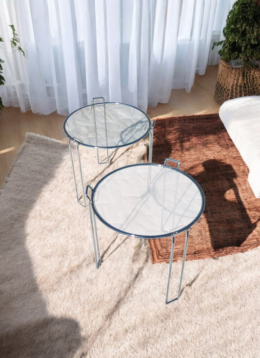 Pair of Modern Glass and Chrome Round Side Tables