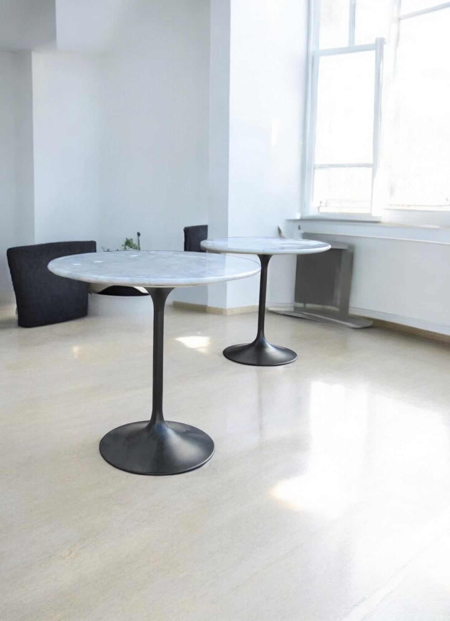Pair of Saarinen Style Black Tulip Side Tables With White Marble