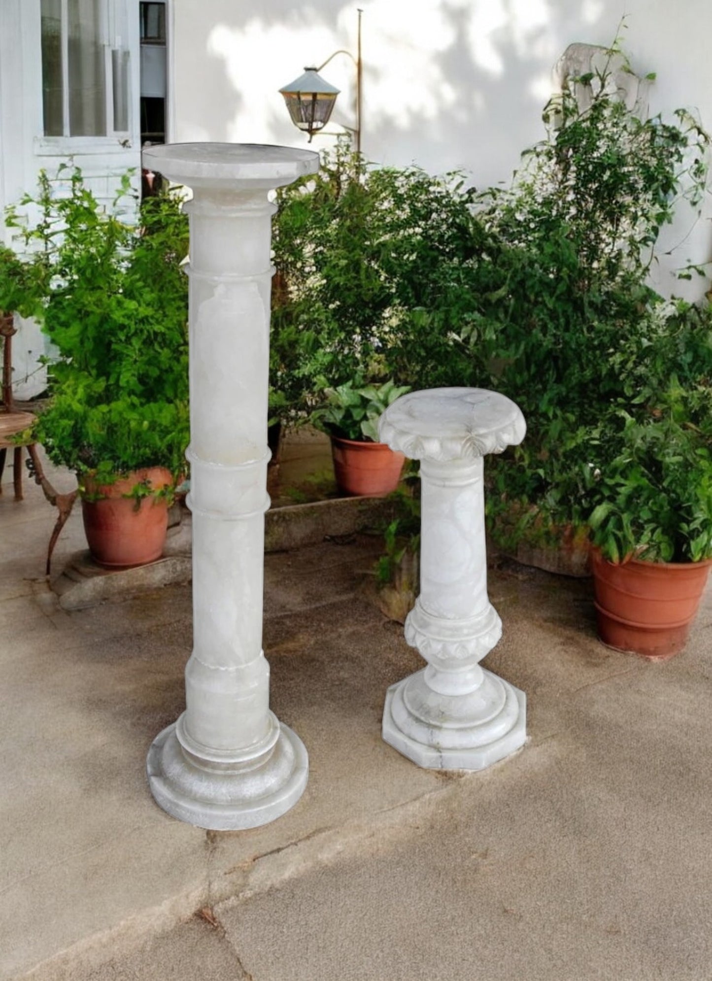 Pair of White Imported Solid Natural Marble Tapered Column Pedestals