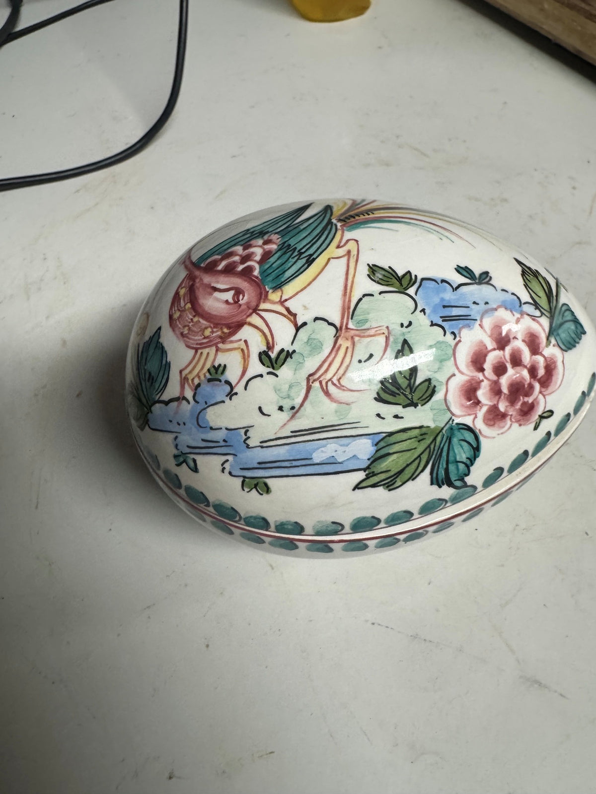 Egg Shaped Trinket Box Anfora Agueda Porcelain Hand Painted Bird Ferreira
