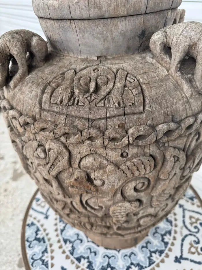 hand carved wood vessel vintage home décor centerpiece