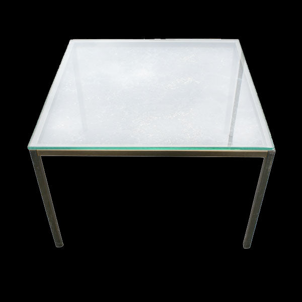 (2) 2 ft Brueton Glass Top Stainless Steel Side Tables