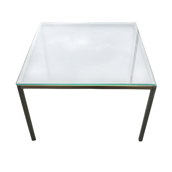 (2) 28 in Brueton Glass Top Stainless Steel Side Tables