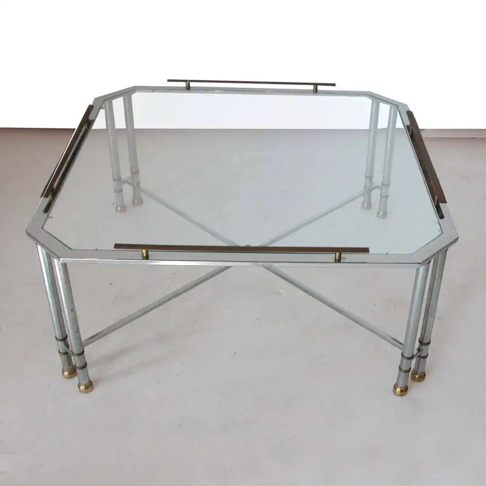 Vintage Mid Century Maison Jansen Octagon Glass Brass Chrome Table
