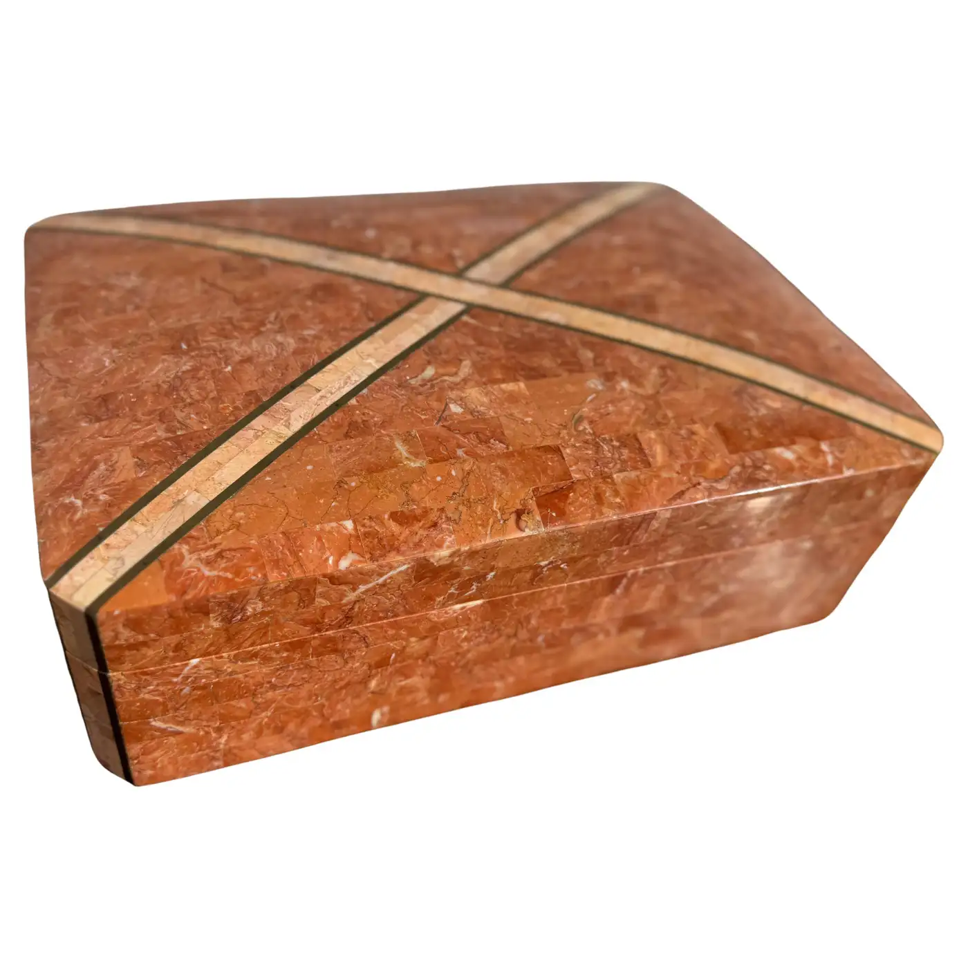 Vintage marble decorative box featuring geometric X-pattern design on lid