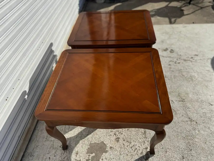 mid century walnut end tables parquet inlay top