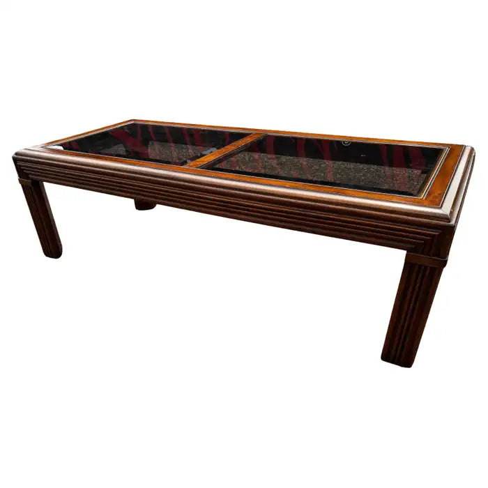 walnut coffee table beveled glass top pencil reed base