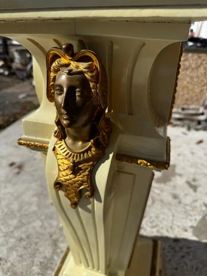 statement pedestal with hand painted artwork and carvings