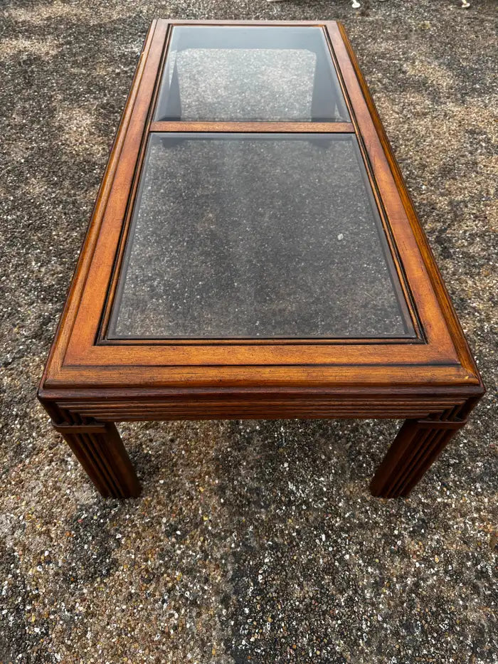 pencil reed coffee table walnut glass top centerpiece