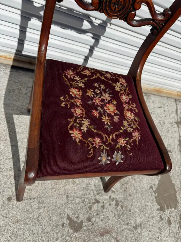 regency style wood chair with needlepoint fabric seat