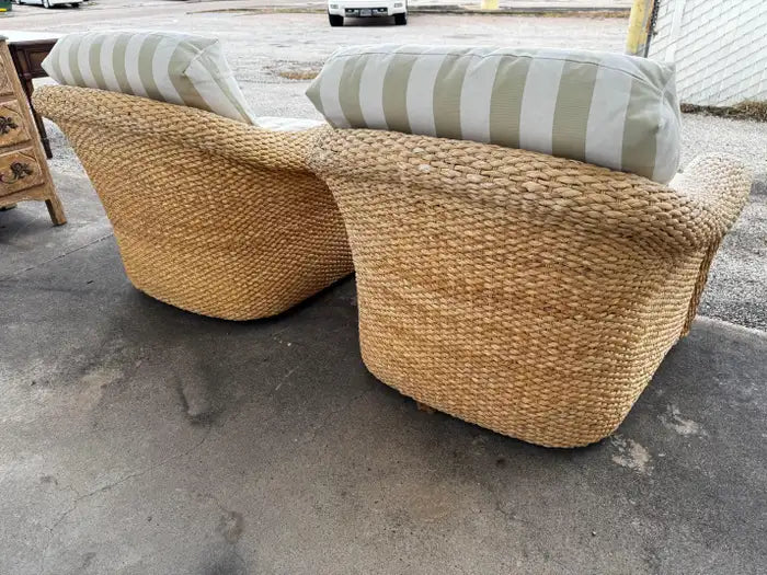 woven rattan swivel chairs with upholstered seating