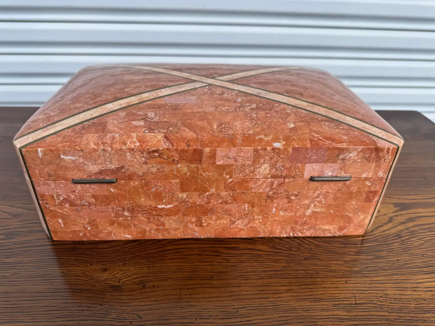 Maitland Smith decorative marble box photographed on oak wood surface, retro style