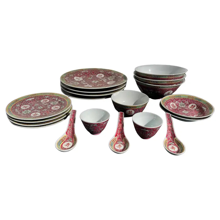 vintage Mun Shou dinnerware set longevity symbol porcelain
