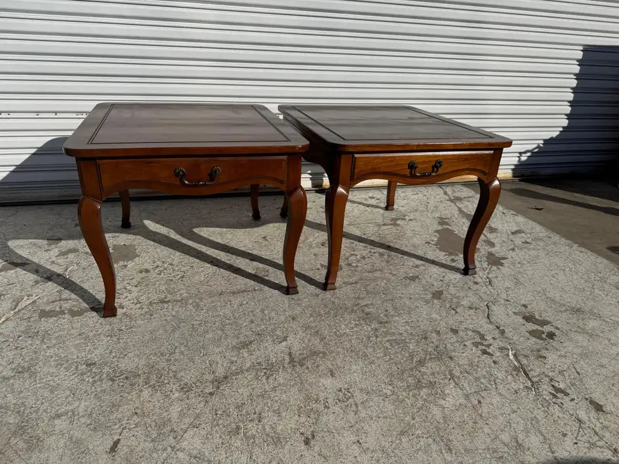 vintage walnut side tables geometric parquet pattern