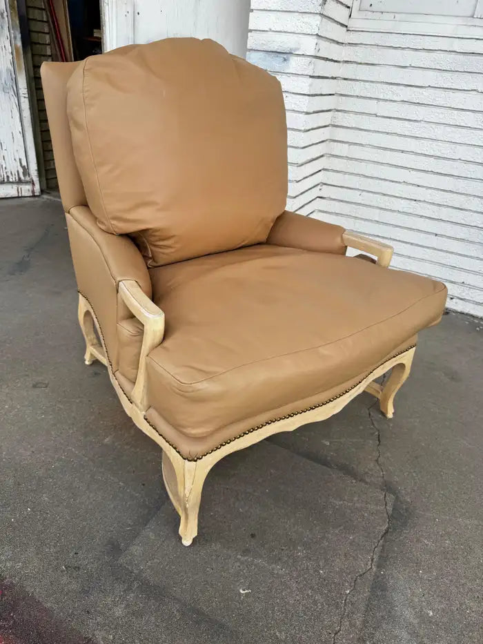 French provincial accent chair leather cushion pickled oak finish