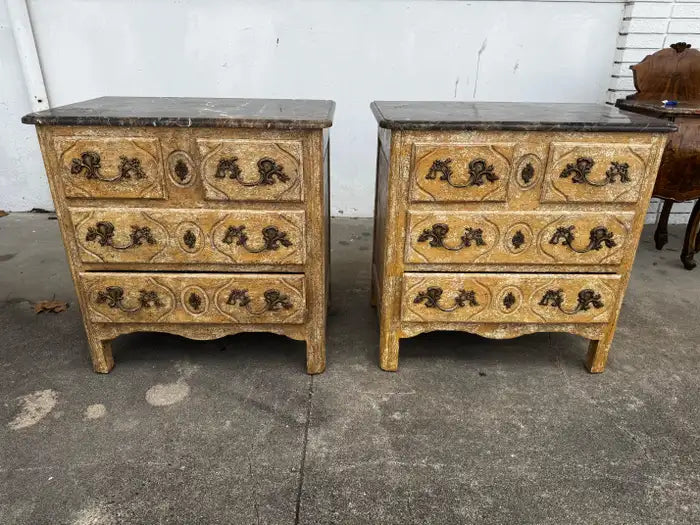 vintage French commodes marble top bedside cabinets with drawers