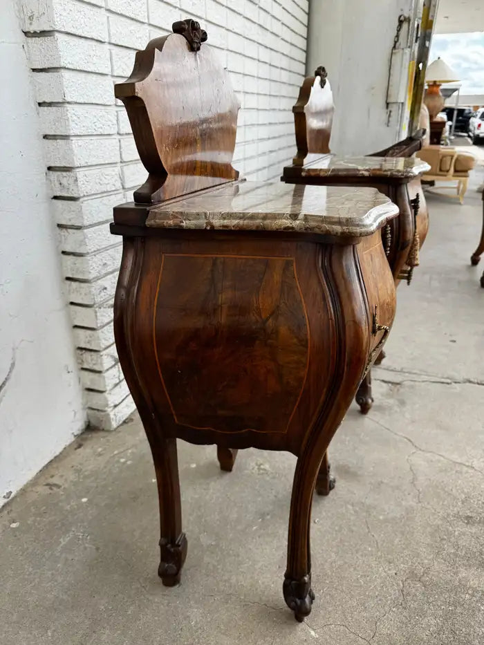 French provincial marble top nightstands with intricate veneer patterns