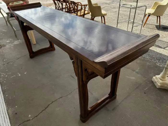 Asian inspired altar console table with walnut wood finish
