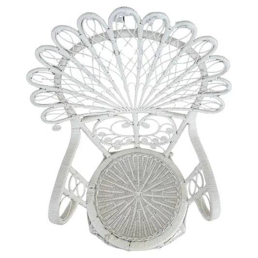 vintage painted wicker chair with woven rattan frame detail