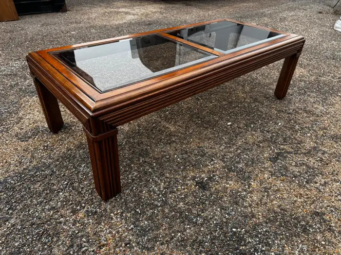 reeded wood coffee table walnut frame glass top surface