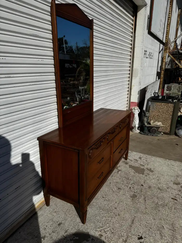 vintage walnut dresser with multiple drawers mid century style