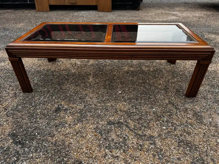 mid century walnut coffee table glass top reeded design