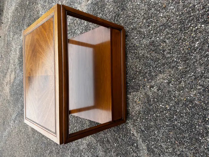 mid century walnut nightstand drawer and open shelf design